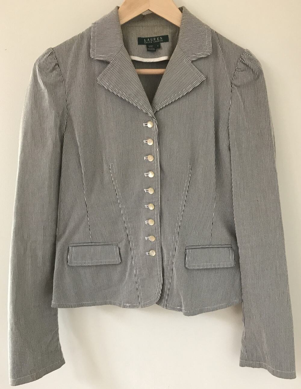 Ralph Lauren Seersucker Pinstripe Blazer Riding Jacket Pearly Buttons S 38"